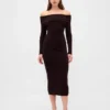 Vestido de jerséu midi elástico con hombros descubiertos de CashSoft