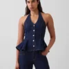 Blusa ajustada de mezclilla con cuello halter y peplum