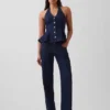 Blusa ajustada de mezclilla con cuello halter y peplum