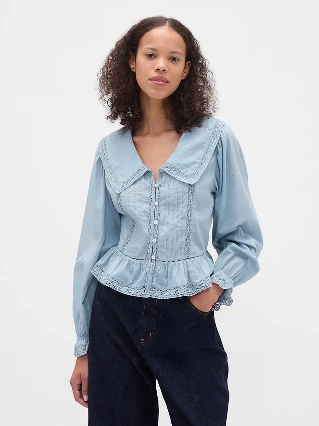 Blusa con peplum, cuello en V y cuello