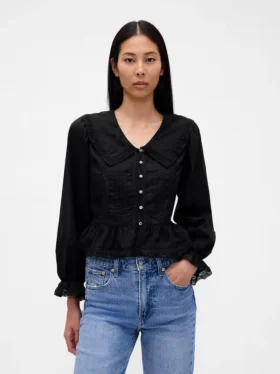 Blusa con peplum, cuello en V y cuello