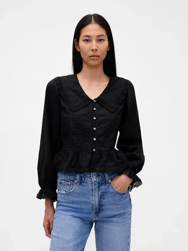 Blusa con peplum, cuello en V y cuello
