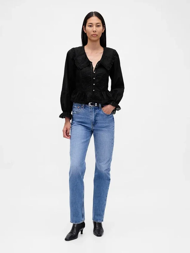 Blusa con peplum, cuello en V y cuello