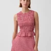 Blusa corta con peplum de cuadros vichy fruncida