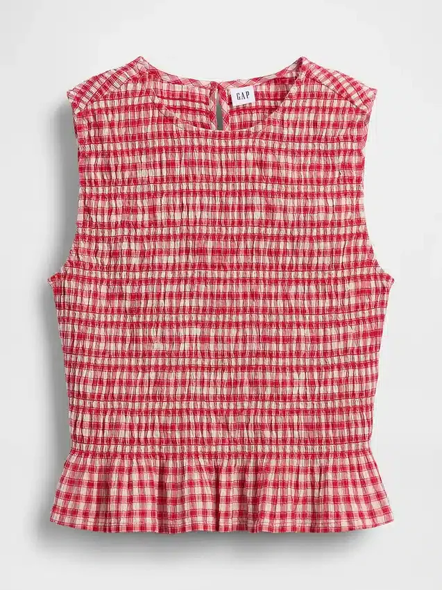 Blusa corta con peplum de cuadros vichy fruncida