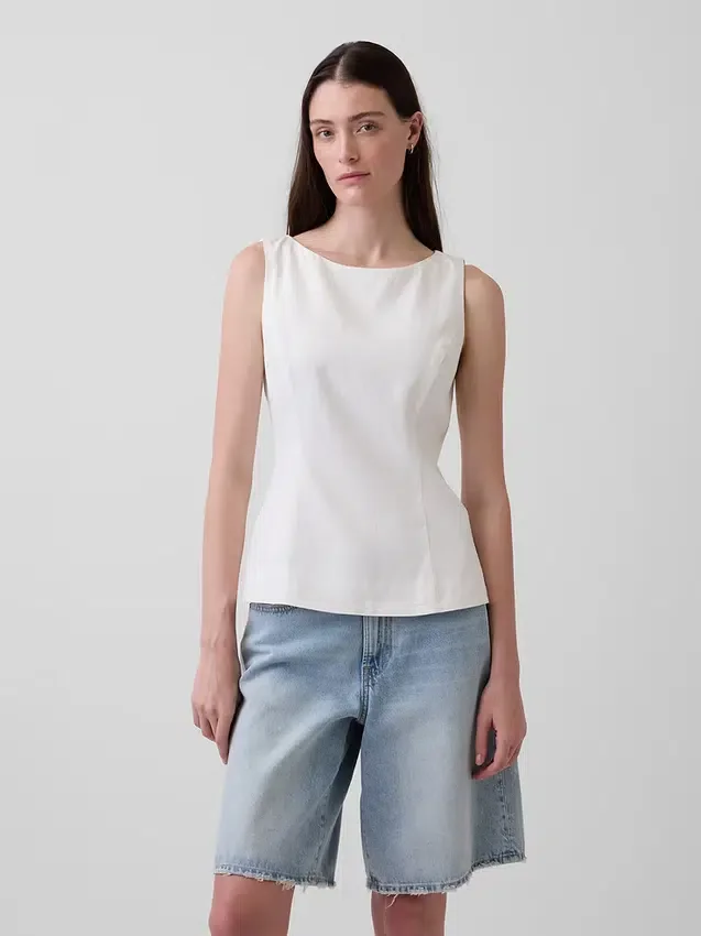 Blusa de cuello barco en mezcla de lino