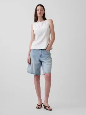 Blusa de cuello barco en mezcla de lino
