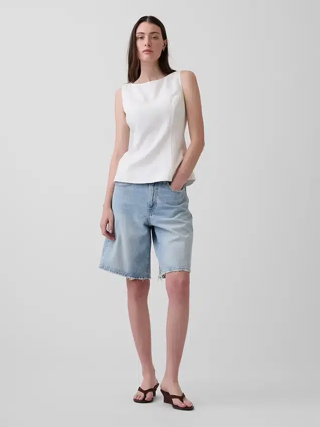 Blusa de cuello barco en mezcla de lino