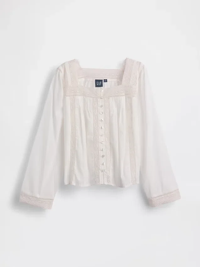 Blusa de cuello cuadrado con ribete de encaje