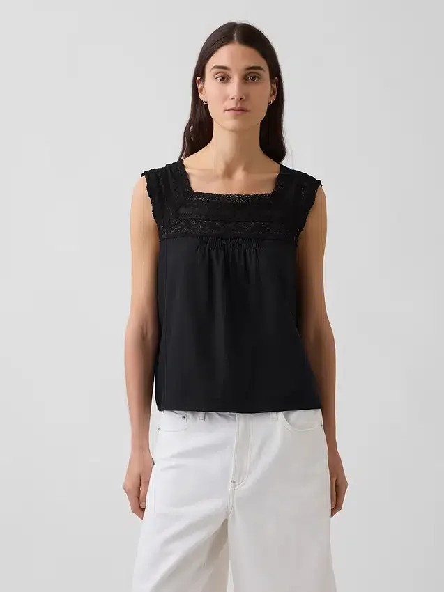Blusa de cuello cuadrado de croché en mezcla de lino