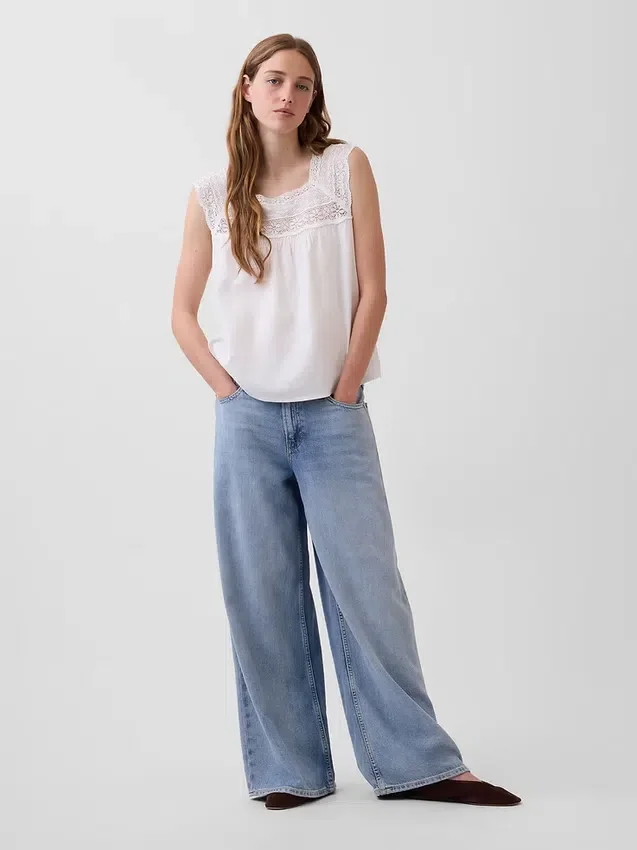 Blusa de cuello cuadrado de croché en mezcla de lino