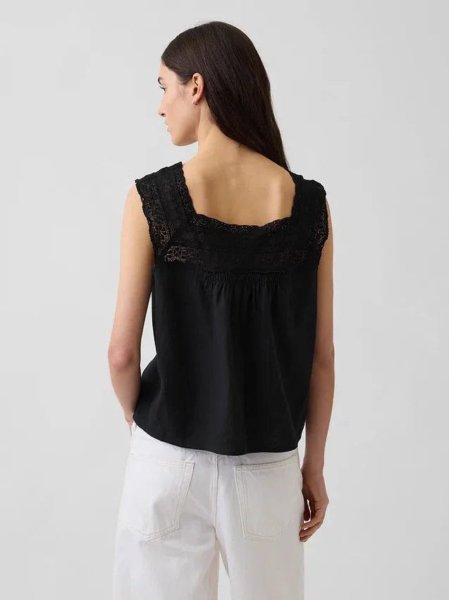 Blusa de cuello cuadrado de croché en mezcla de lino