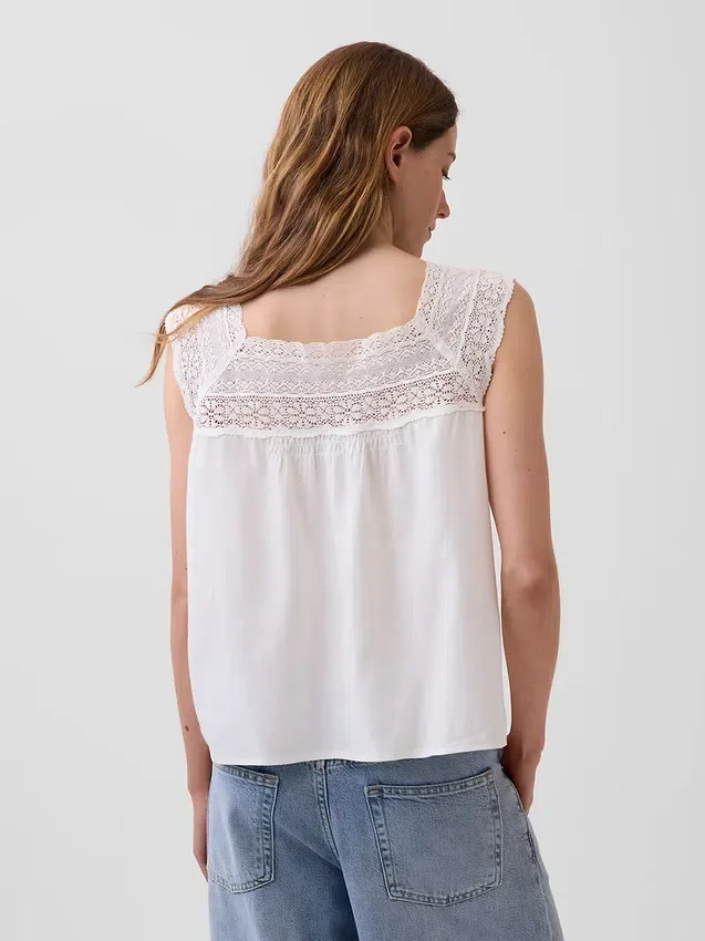 Blusa de cuello cuadrado de croché en mezcla de lino