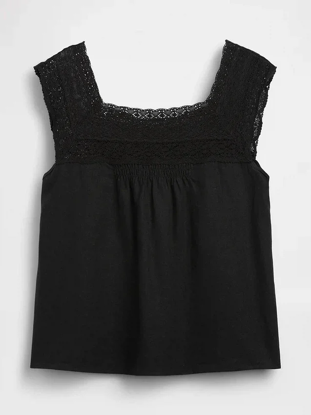 Blusa de cuello cuadrado de croché en mezcla de lino