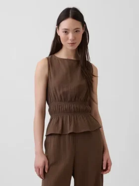Blusa de gasa de algodón con peplum y cintura fruncida