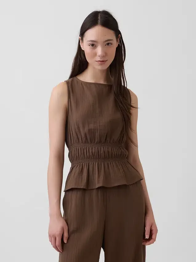 Blusa de gasa de algodón con peplum y cintura fruncida