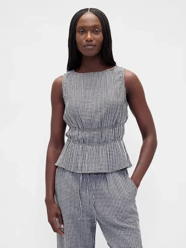 Blusa de gasa de algodón con peplum y cintura fruncida