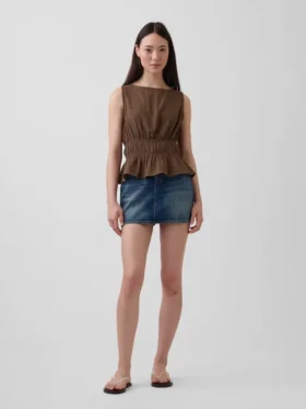 Blusa de gasa de algodón con peplum y cintura fruncida