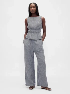 Blusa de gasa de algodón con peplum y cintura fruncida