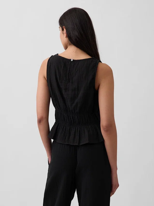 Blusa de gasa de algodón con peplum y cintura fruncida