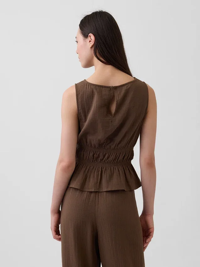 Blusa de gasa de algodón con peplum y cintura fruncida