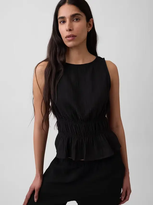 Blusa de gasa de algodón con peplum y cintura fruncida