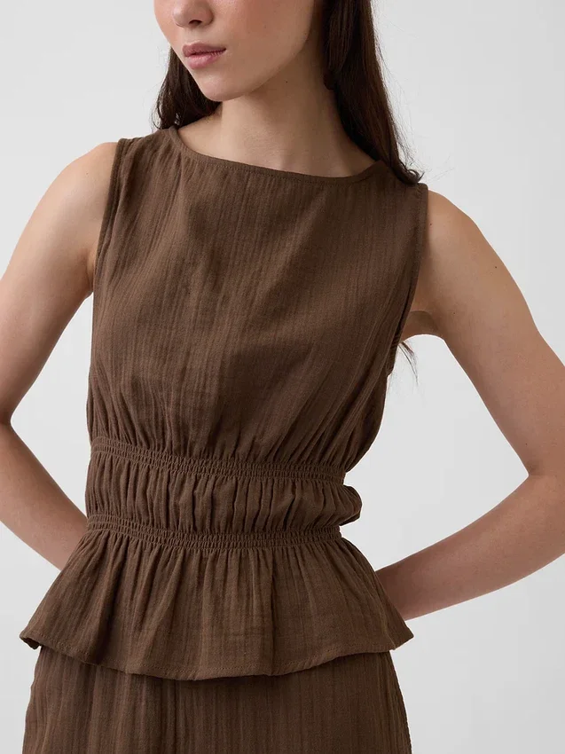 Blusa de gasa de algodón con peplum y cintura fruncida