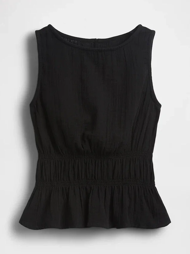 Blusa de gasa de algodón con peplum y cintura fruncida