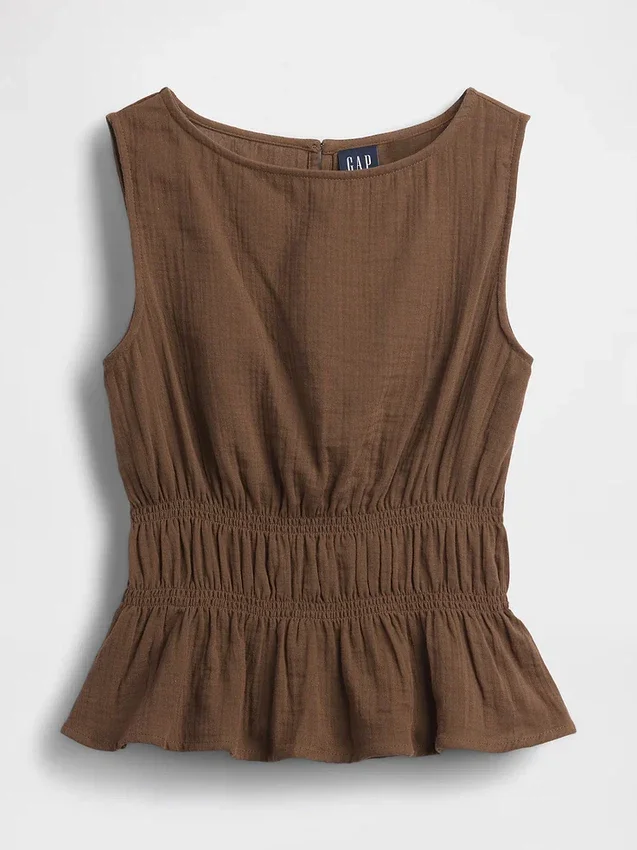 Blusa de gasa de algodón con peplum y cintura fruncida
