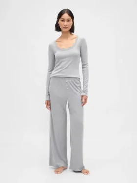 Blusa de pijama con ribete de encaje y patrón de mini acanalado