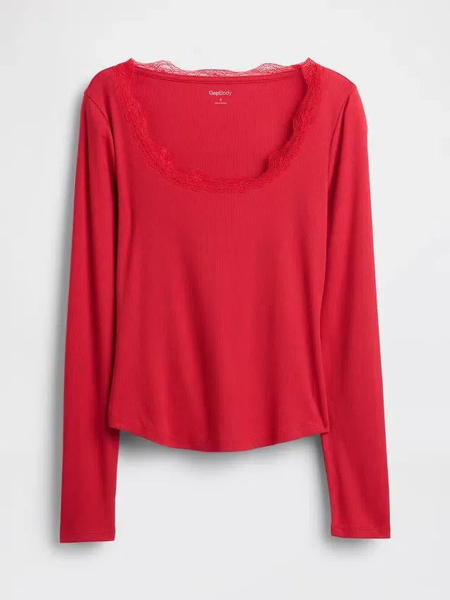 Blusa de pijama con ribete de encaje y patrón de mini acanalado