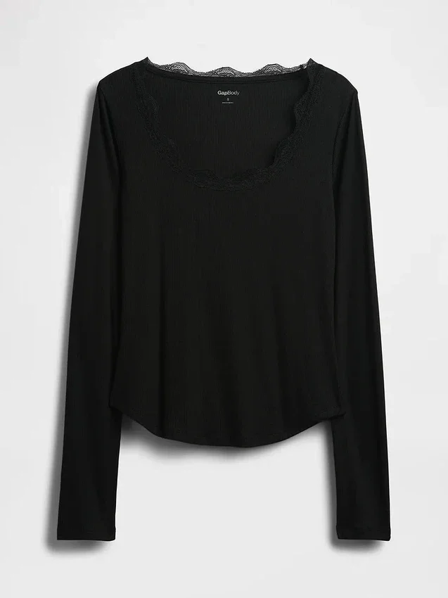 Blusa de pijama con ribete de encaje y patrón de mini acanalado