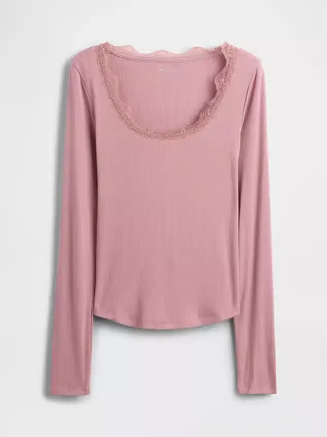Blusa de pijama con ribete de encaje y patrón de mini acanalado