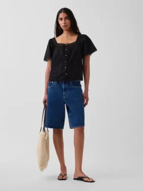 Blusa holgada de cuello cuadrado con ribete de encaje