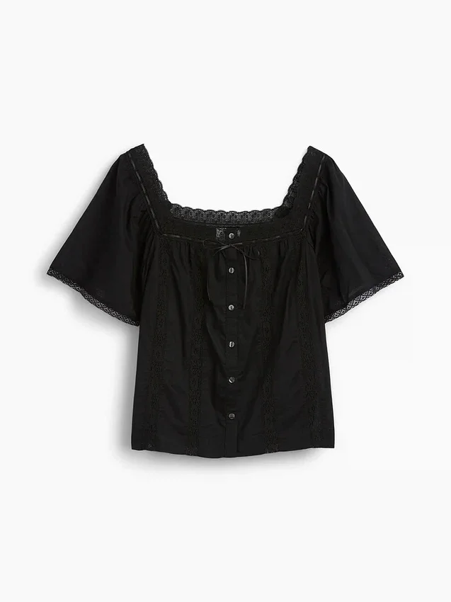 Blusa holgada de cuello cuadrado con ribete de encaje