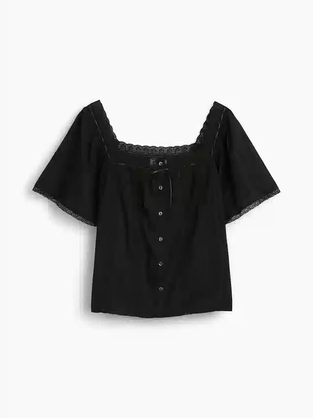 Blusa holgada de cuello cuadrado con ribete de encaje
