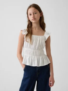 Blusa infantil con peplum, mangas con volantes y fruncido