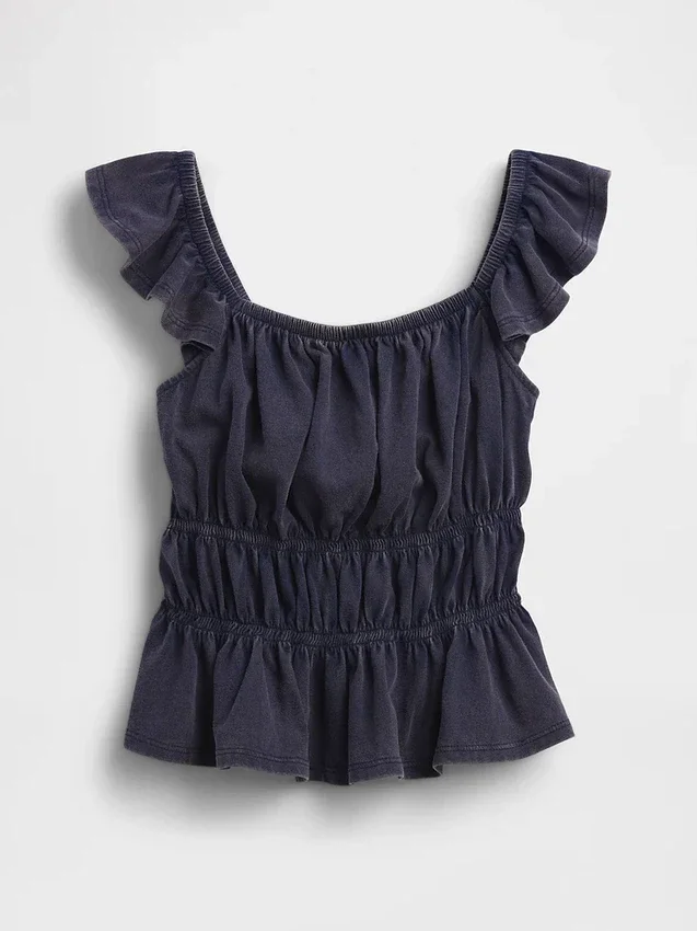Blusa infantil con peplum, mangas con volantes y fruncido