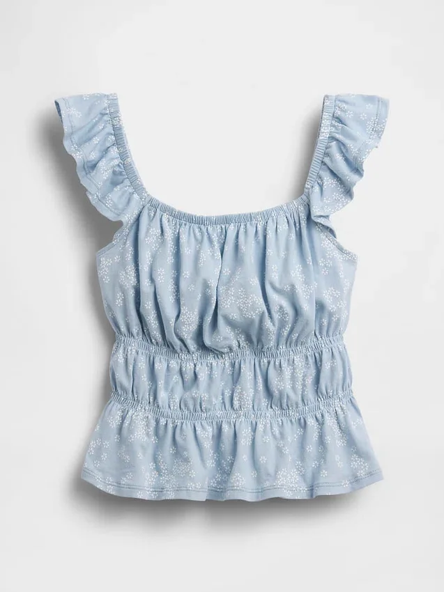 Blusa infantil con peplum, mangas con volantes y fruncido