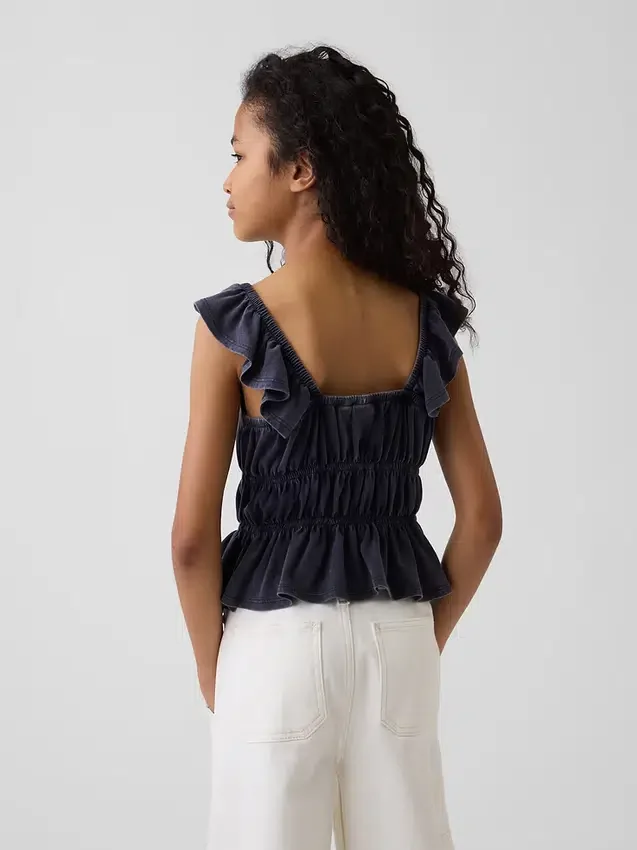 Blusa infantil con peplum, mangas con volantes y fruncido