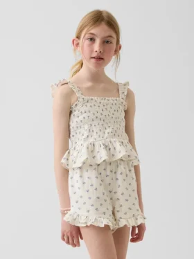 Blusa infantil de gasa de algodón con peplum fruncido