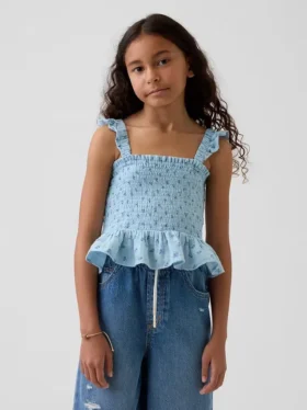Blusa infantil de gasa de algodón con peplum fruncido