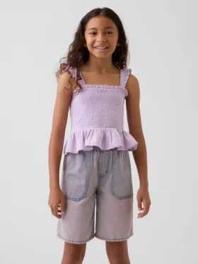 Blusa infantil de gasa de algodón con peplum fruncido