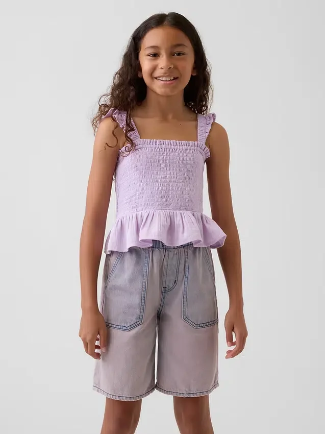Blusa infantil de gasa de algodón con peplum fruncido
