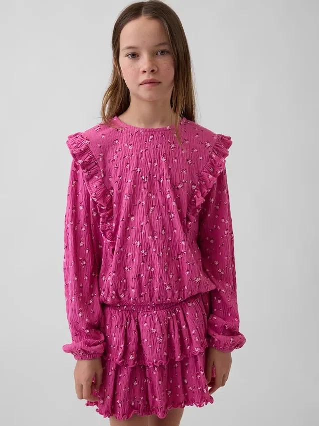 Blusa infantil de punto arrugado con volantes