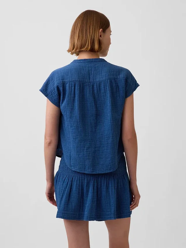 Blusa oversize de gasa de algodón con cuello abierto