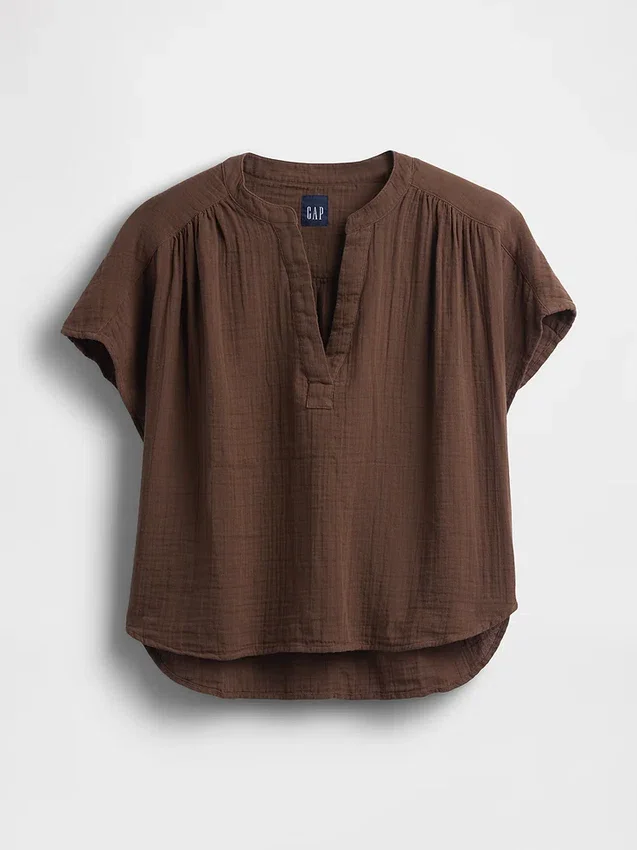 Blusa oversize de gasa de algodón con cuello abierto