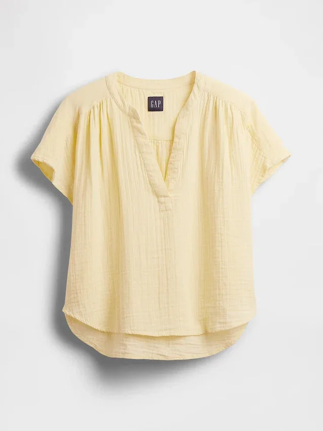 Blusa oversize de gasa de algodón con cuello abierto