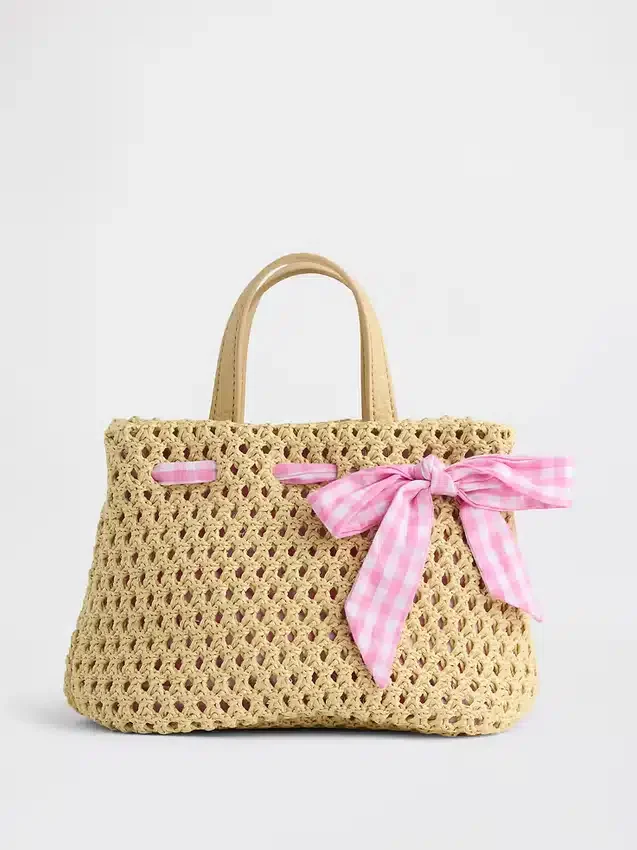 Bolsa de paja con moño de cuadros vichy para niños pequeños