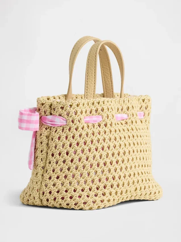 Bolsa de paja con moño de cuadros vichy para niños pequeños